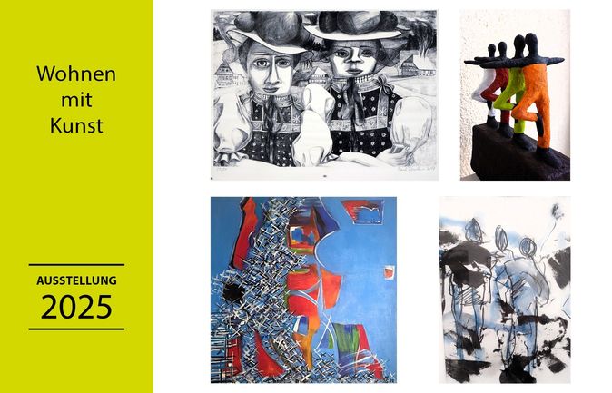 Plakat Wohnen mit Kunst 2025 neben vier ausgestellten Kunstwerken