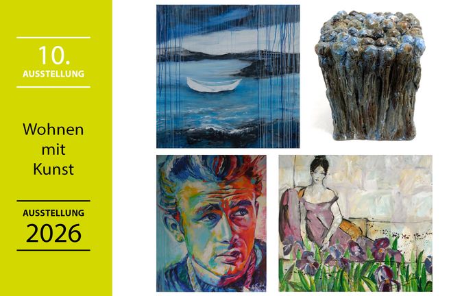 Ausstellungsplakat Wohnen mit Kunst mit vier Kunstwerken